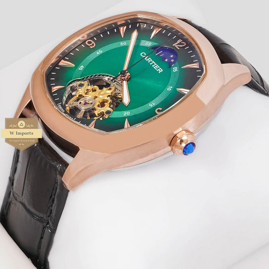 LATEST COLLECTION TOURBILLON ROSE GOLD CASE WITH GREEN DIAL & BLACK LEATHER STRAP