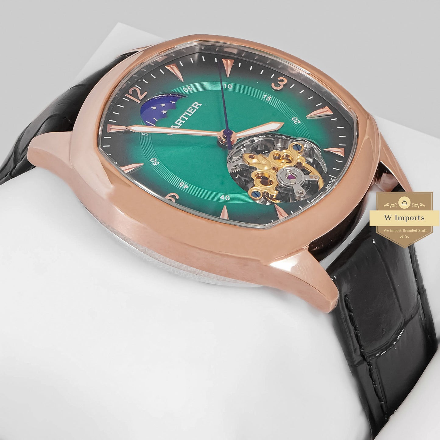 LATEST COLLECTION TOURBILLON ROSE GOLD CASE WITH GREEN DIAL & BLACK LEATHER STRAP