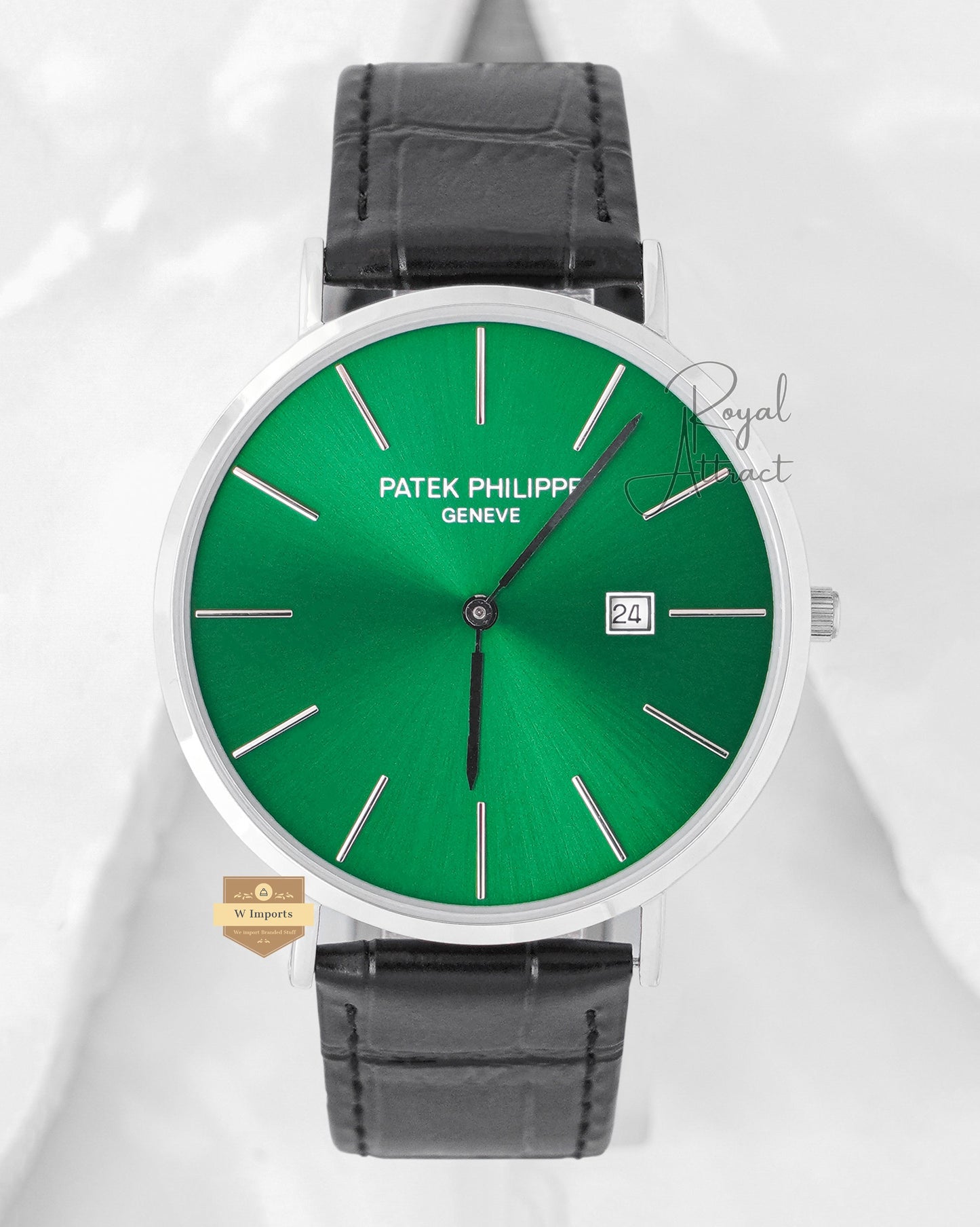 LATEST COLLECTION SILVER CASE WITH GREEN DIAL & LEATHER STRAP