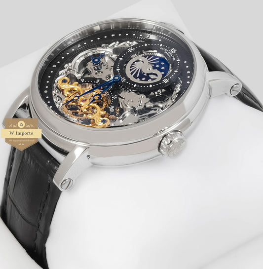LATEST COLLECTION TOURBILLON MOON PHASE SILVER CASE WITH SKELETON DIAL & LEATHER STRAP