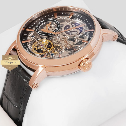 Latest Collection Tourbillon Moon Phase Rose Gold Case With Skeleton Dial & Black Leather Strap Watch For Men