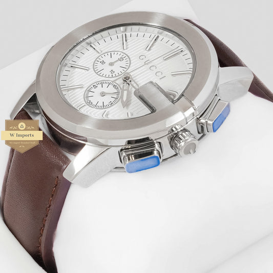LATEST COLLECTION CHRONOGRAPH SILVER CASE WITH WHITE DIAL & BROWN LEATHER STRAP