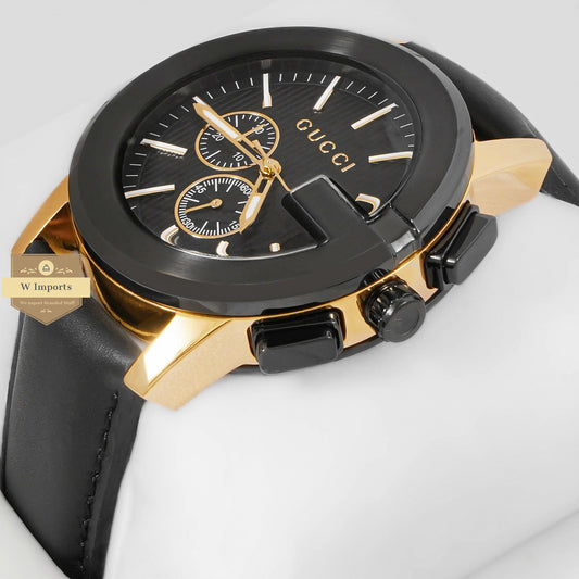 LATEST COLLECTION CHRONOGRAPH YELLOW GOLD CASE WITH BLACK DIAL & LEATHER STRAP