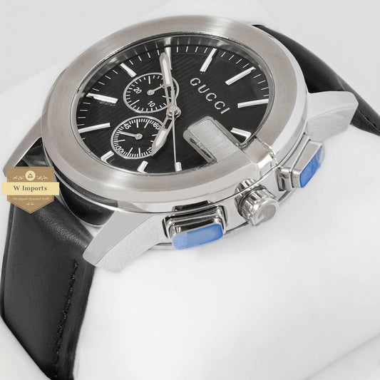 LATEST COLLECTION CHRONOGRAPH SILVER CASE WITH BLACK DIAL & LEATHER STRAP