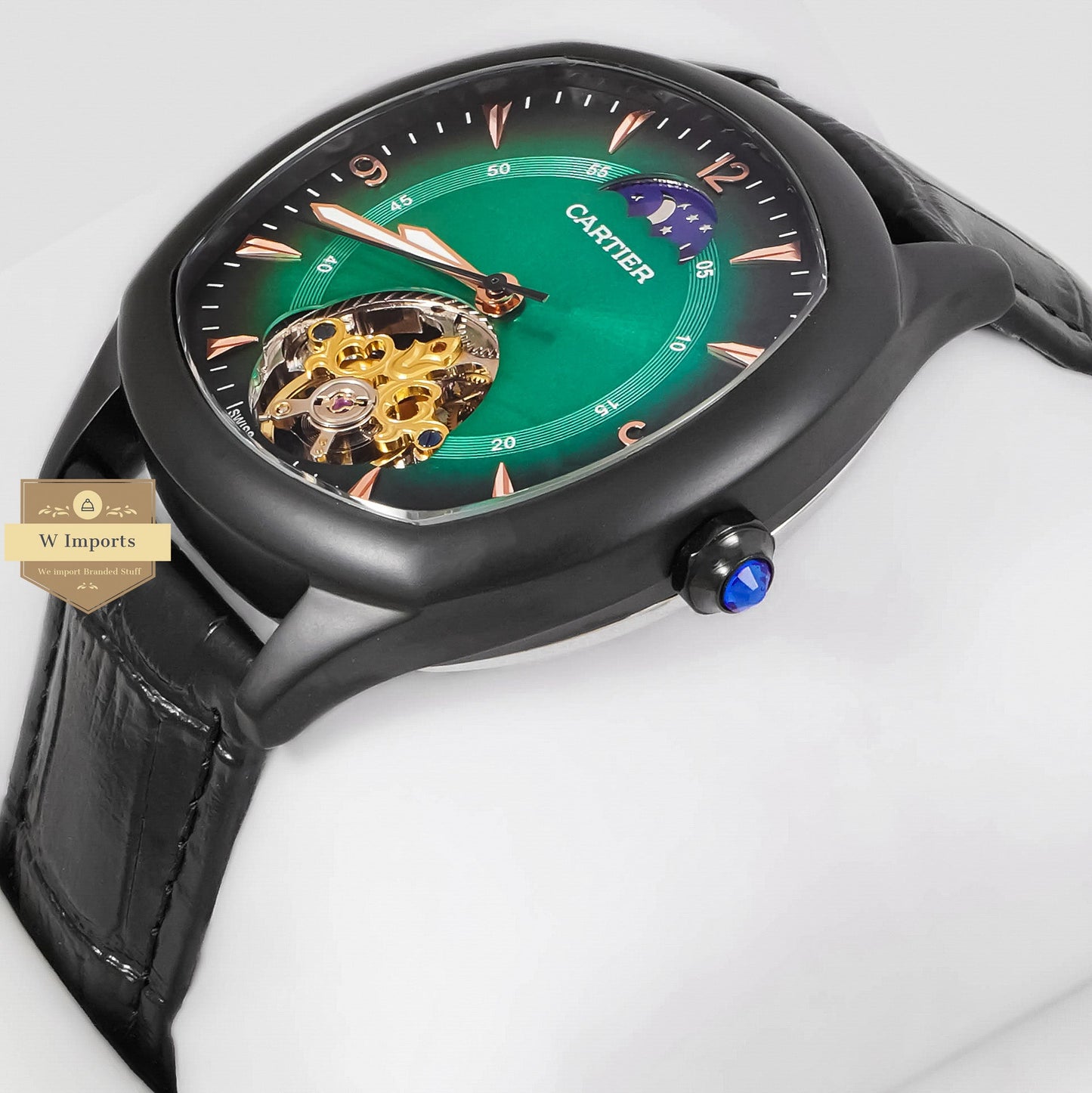 LATEST COLLECTION TOURBILLON BLACK MATT CASE WITH GREEN DIAL & LEATHER STRAP