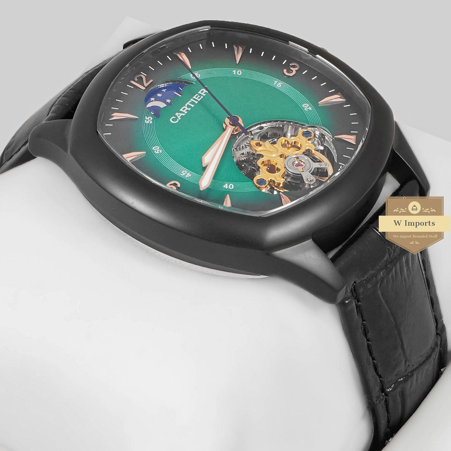 LATEST COLLECTION TOURBILLON BLACK MATT CASE WITH GREEN DIAL & LEATHER STRAP