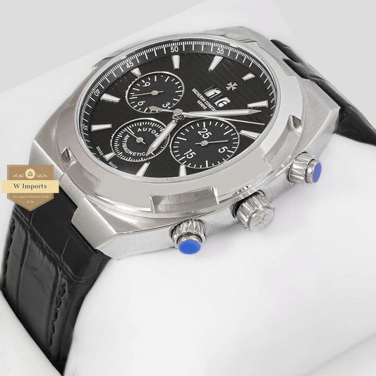 LATEST COLLECTION CHRONOGRAPH SILVER CASE WITH BLACK DIAL & LEATHER STRAP