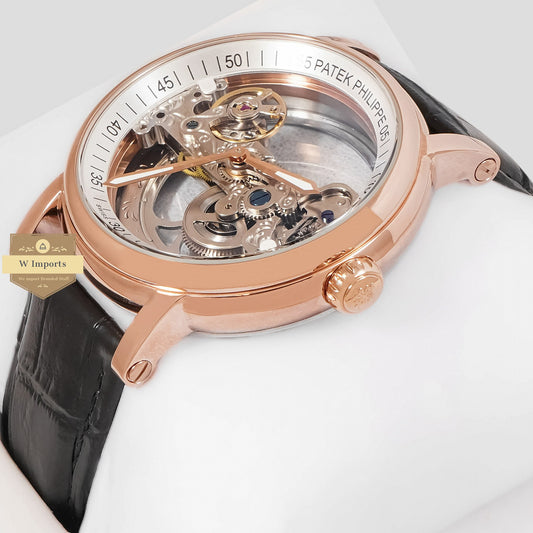 Latest Collection Transparent Skeleton Dial With Rose Gold Case & Black Leather Strap For Men