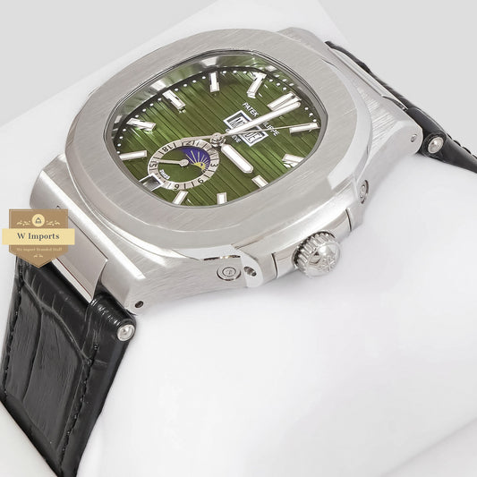 LATEST COLLECTION ANNUAL CALENDER MOON PHASE SILVER CASE WITH GREEN DIAL & BLACK LEATHER STRAP
