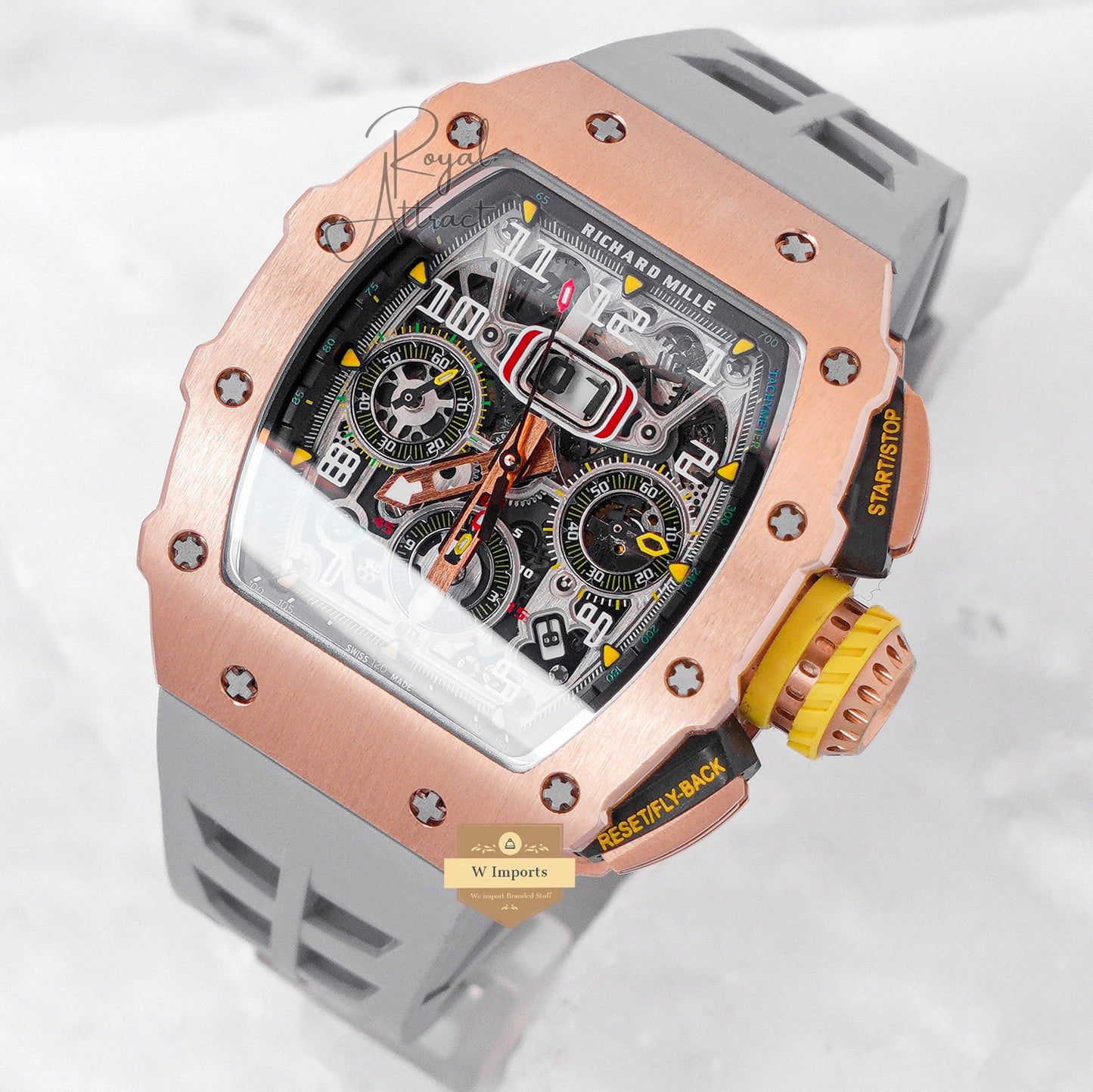 Latest Collection Chronograph Rose Gold Case Skeleton Dial With Gray Rubber Strap