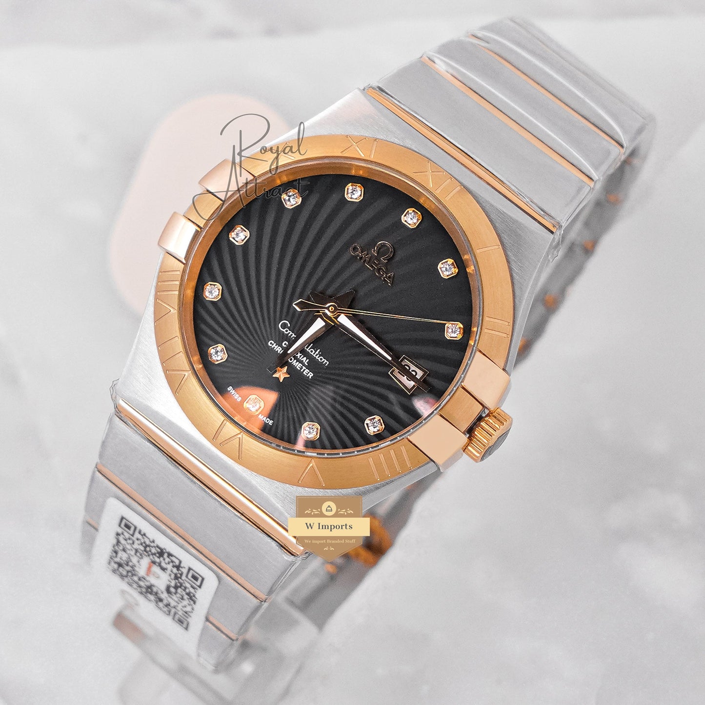 Latest Collection Two Tone Yellow Gold With Black Dial & Stone Figure