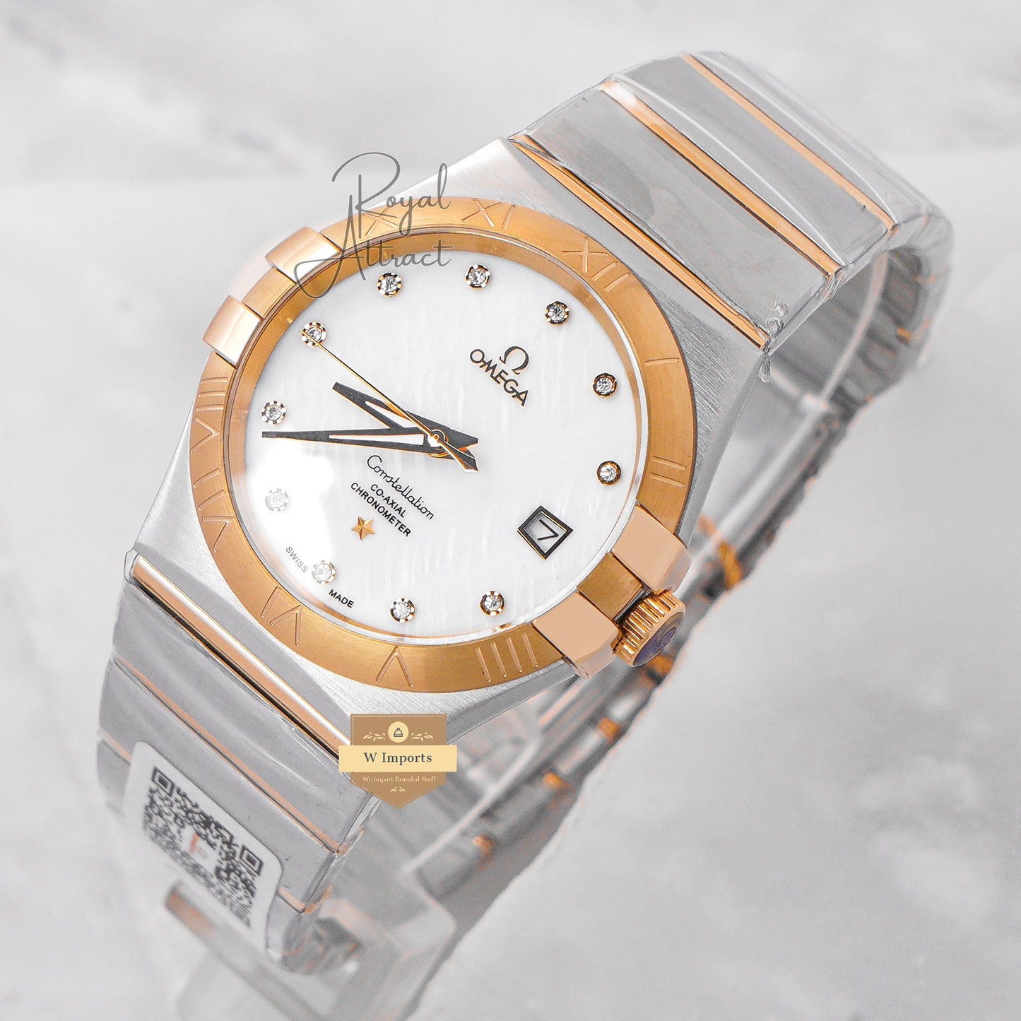 Latest Collection Two Tone Yellow Gold With Marble Dial & Stone Figure