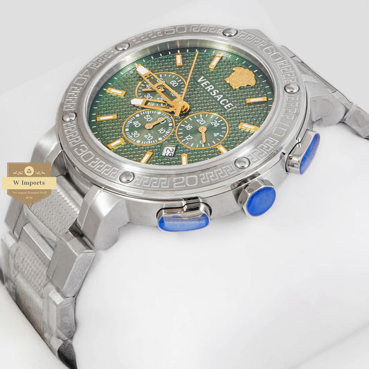 LATEST COLLECTION CHRONOGRAPH SILVER STAINLESS STEEL WITH GREEN DIAL & GOLD INDEX