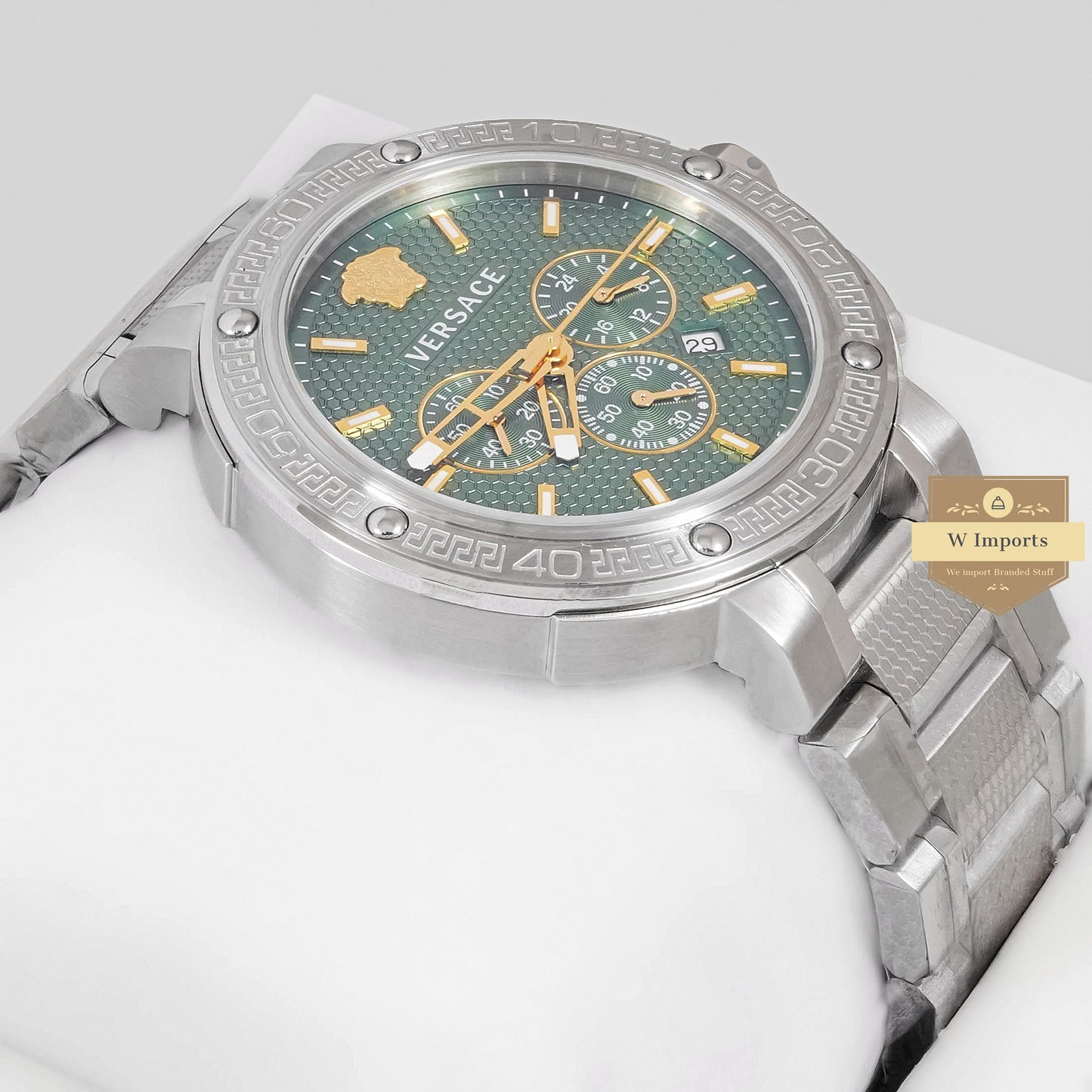 LATEST COLLECTION CHRONOGRAPH SILVER STAINLESS STEEL WITH GREEN DIAL & GOLD INDEX