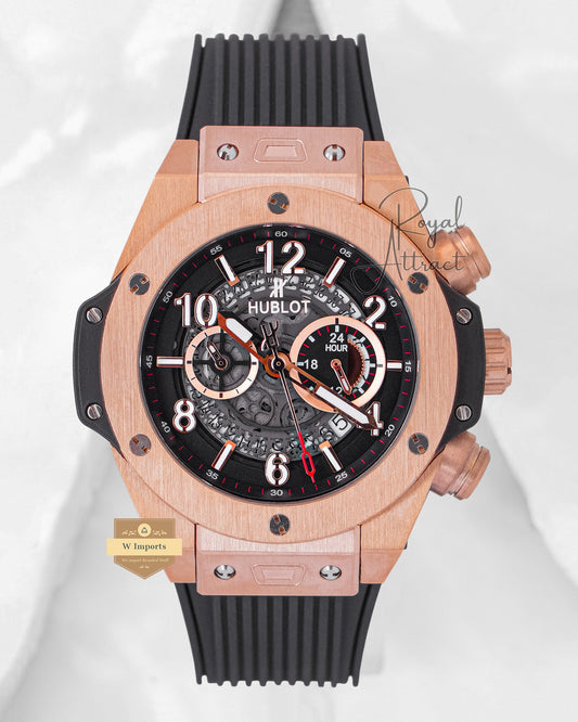 Latest Collection Chronograph Rose Gold Case With Black Dial Pvc Strap