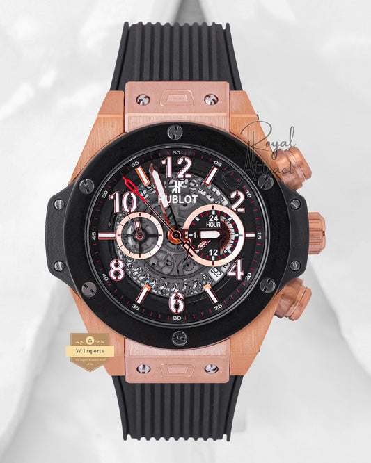 Latest Collection Chronograph Rose Gold Case With Black Bezel & Dial Pvc Strap