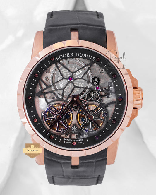 Latest Dual Tourbillon Rose Gold Case With Black Dial & Leather Strap