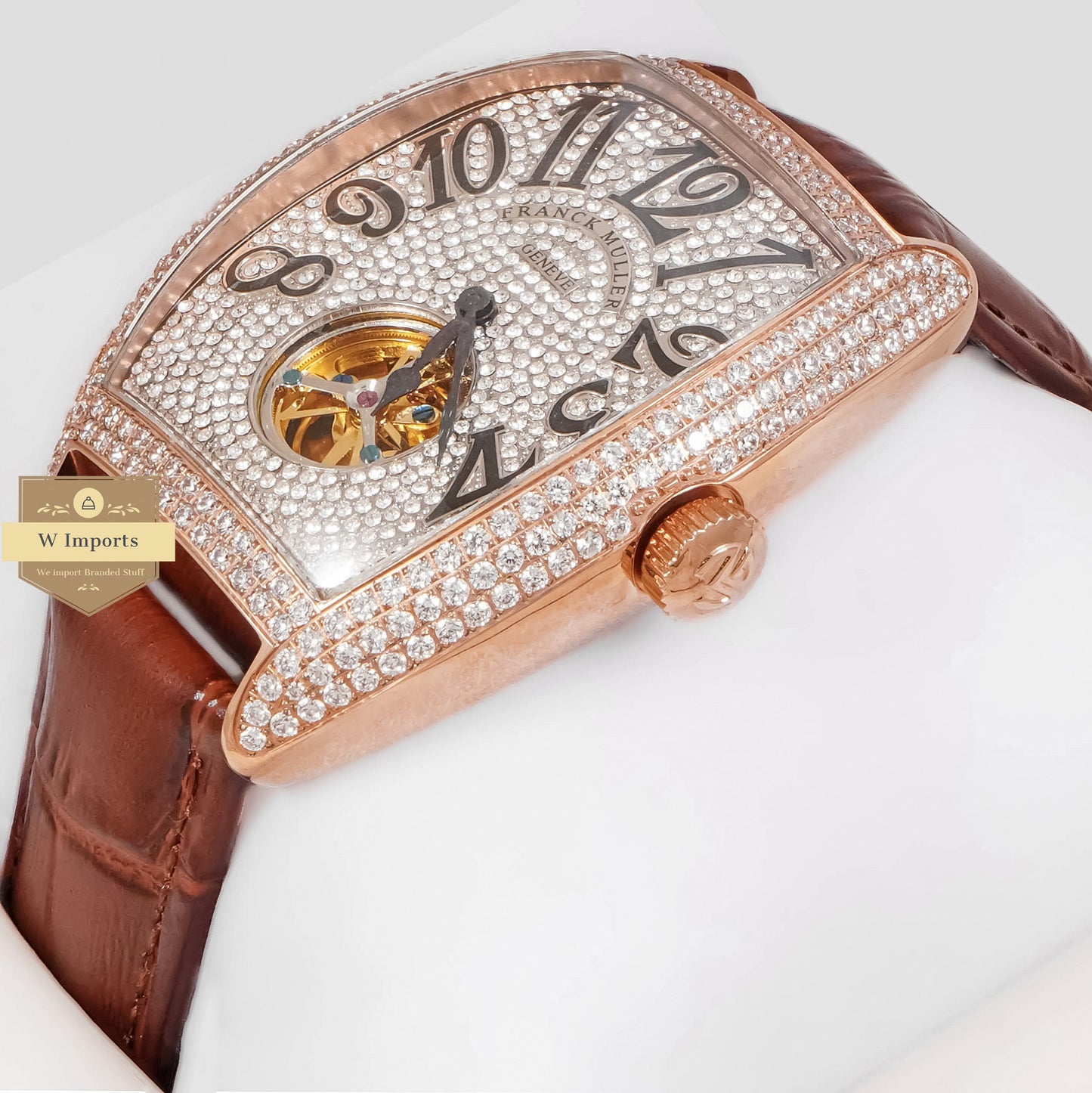 LATEST COLLECTION TOURBILLON ROSE GOLD STONE CASE & DIAL WITH BROWN LEATHER STRAP