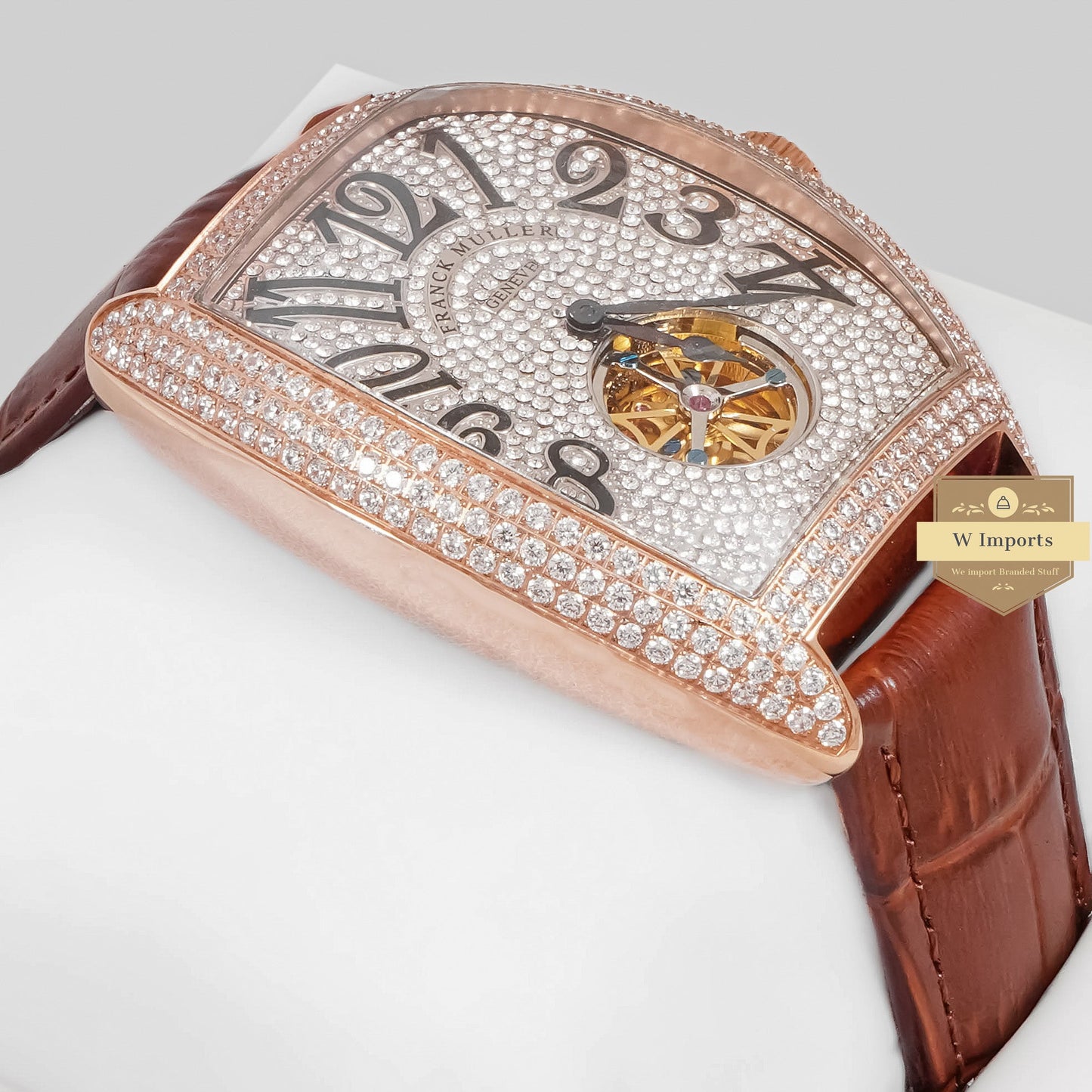 LATEST COLLECTION TOURBILLON ROSE GOLD STONE CASE & DIAL WITH BROWN LEATHER STRAP
