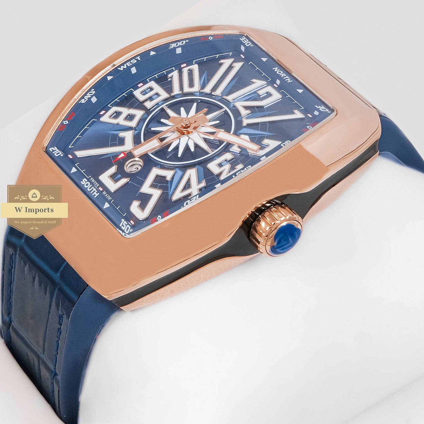 LATEST COLLECTION ROSE GOLD SHINY CASE WITH BLUE DIAL & LEATHER STRAP AUTOMATIC WATCH