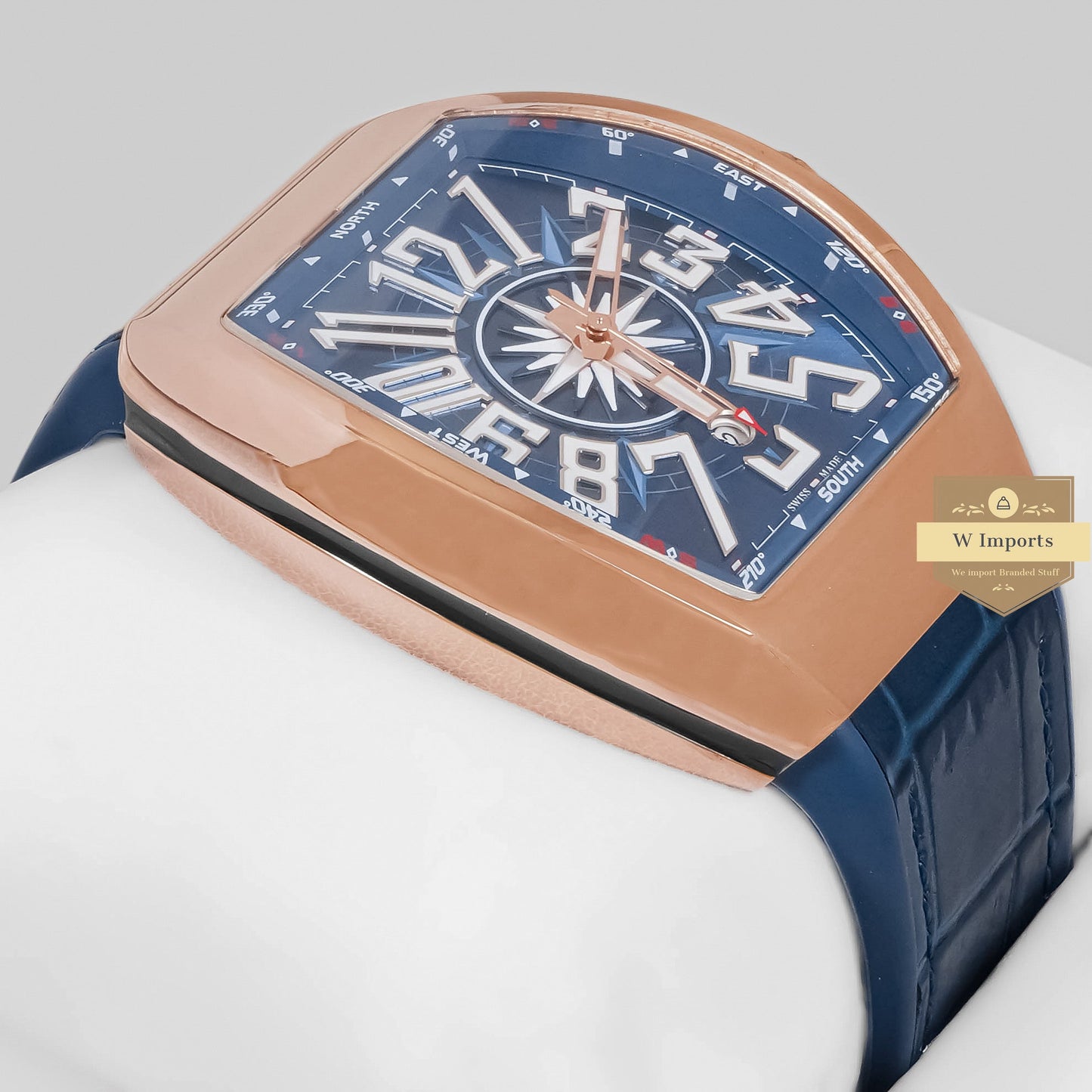 LATEST COLLECTION ROSE GOLD SHINY CASE WITH BLUE DIAL & LEATHER STRAP AUTOMATIC WATCH