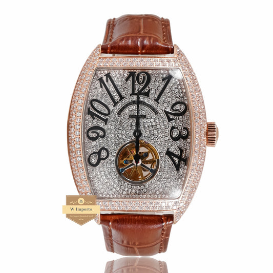 LATEST COLLECTION TOURBILLON ROSE GOLD STONE CASE & DIAL WITH BROWN LEATHER STRAP