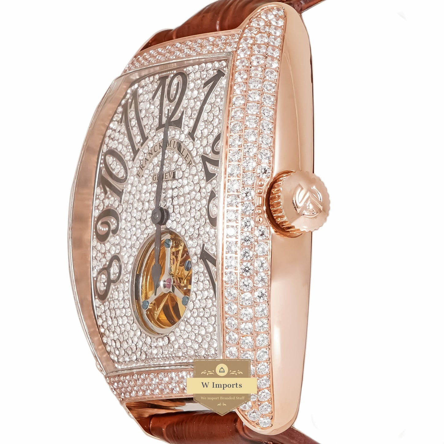 LATEST COLLECTION TOURBILLON ROSE GOLD STONE CASE & DIAL WITH BROWN LEATHER STRAP