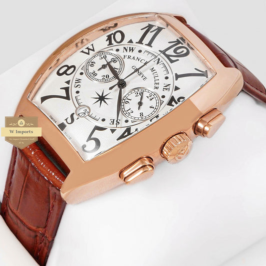 LATEST COLLECTION CHRONOGRAPH ROSE GOLD CASE WITH WHITE DIAL AND BROWN LEATHER STRAP