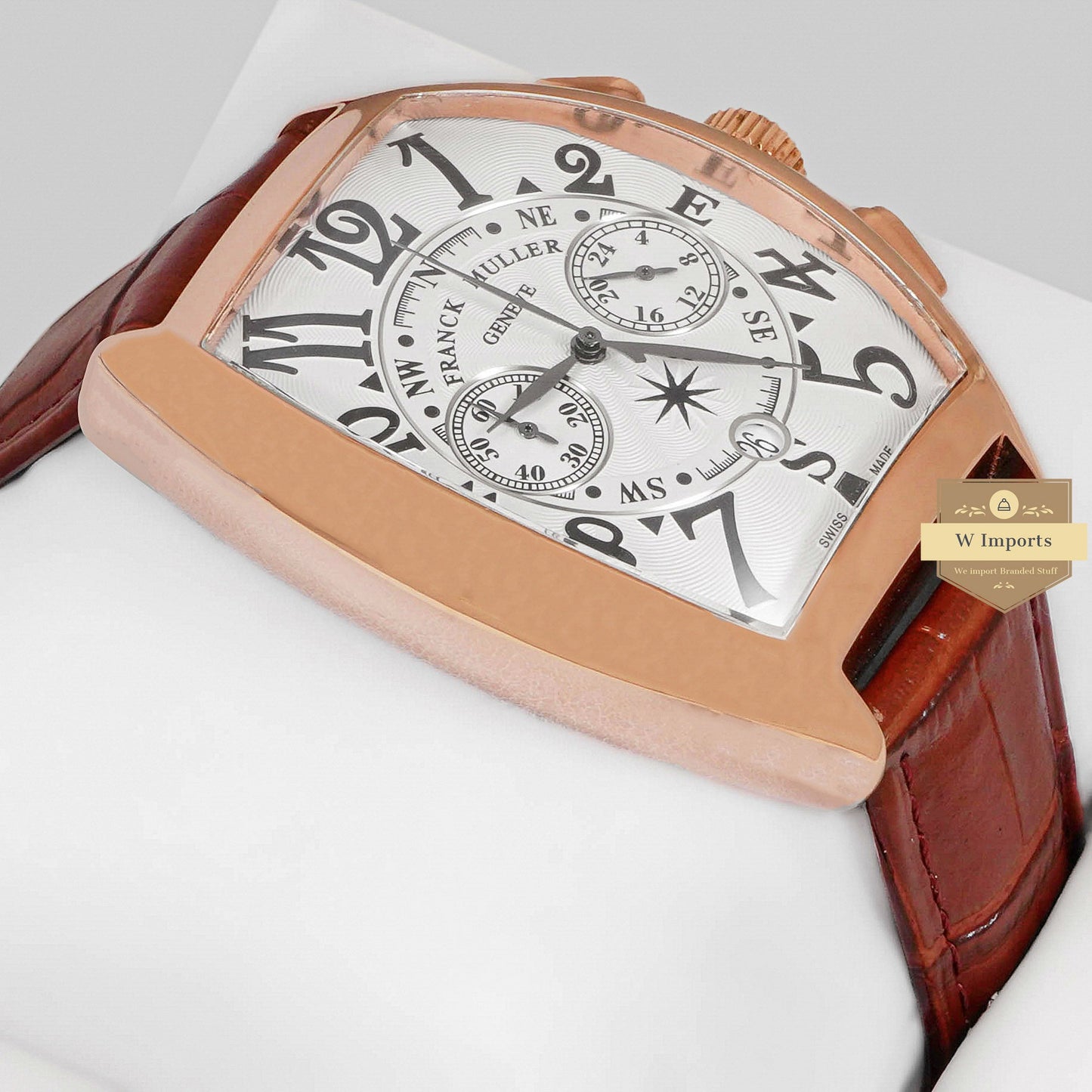 LATEST COLLECTION CHRONOGRAPH ROSE GOLD CASE WITH WHITE DIAL AND BROWN LEATHER STRAP