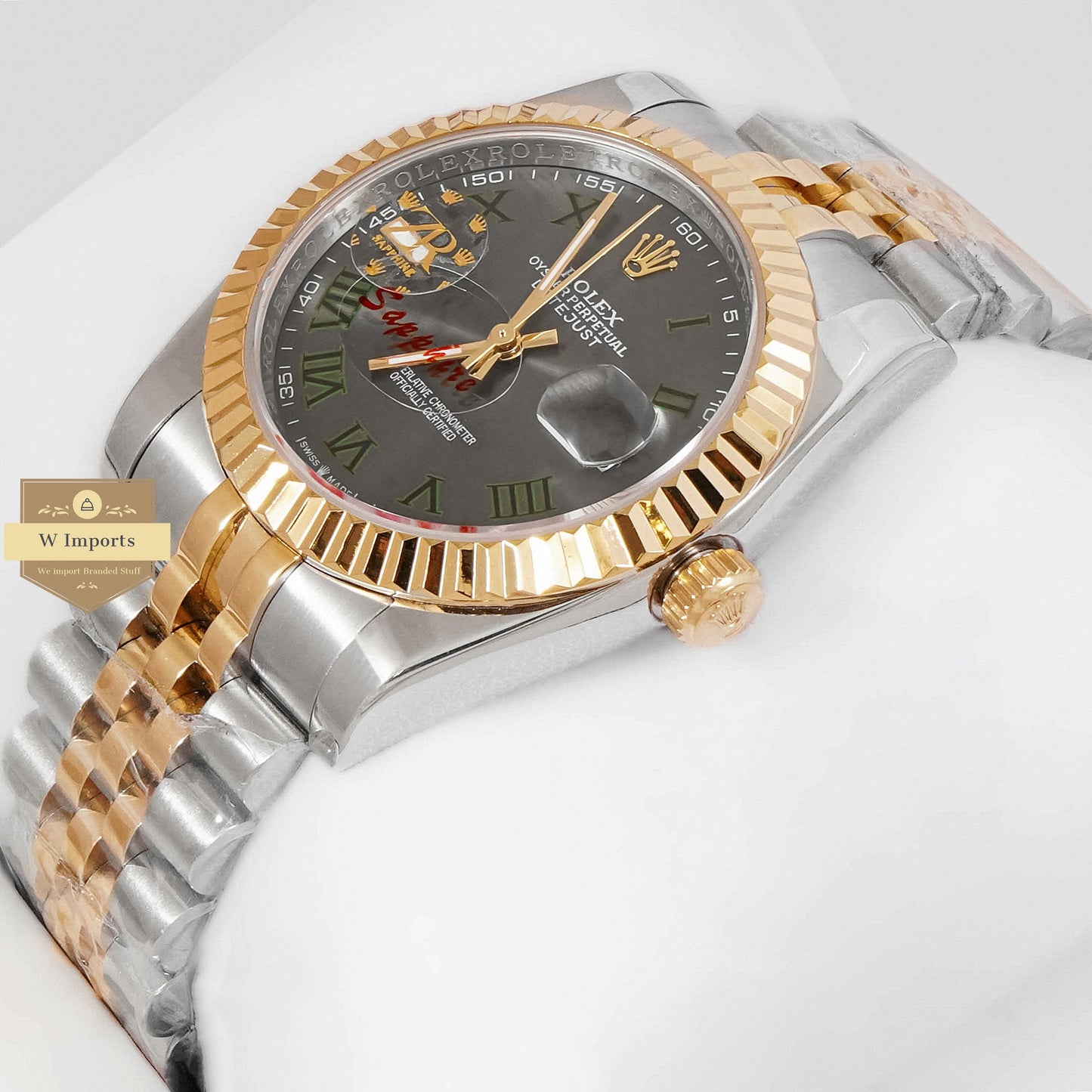 LATEST COLLECTION 36 TWO TONE YELLOW GOLD WITH GREY DIAL & GREEN ROMAN INDEX AUTOMATIC WATCH ZR FACTORY