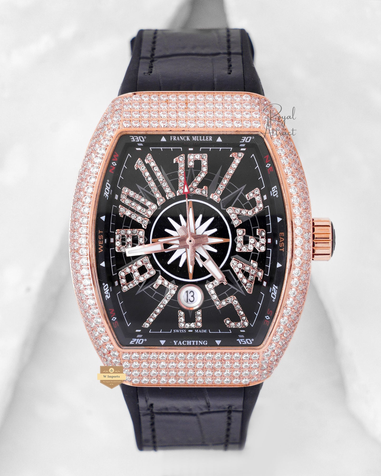 Latest Collection Rose Gold Stone Case With black Dial and leather Strap