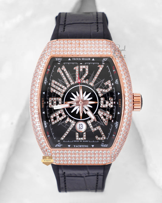 Latest Collection Rose Gold Stone Case With black Dial and leather Strap