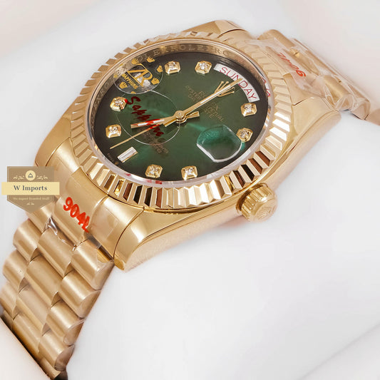 LATEST COLLECTION 36 ALL YELLOW GOLD WITH SEA GREEN DIAL STONE FIGURE & FLUTED BEZEL AUTOMATIC WATCH ZR FACTORY