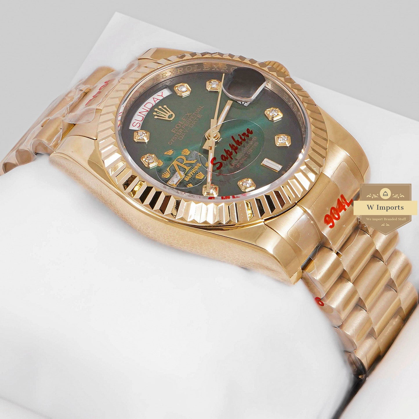 LATEST COLLECTION 36 ALL YELLOW GOLD WITH SEA GREEN DIAL STONE FIGURE & FLUTED BEZEL AUTOMATIC WATCH ZR FACTORY