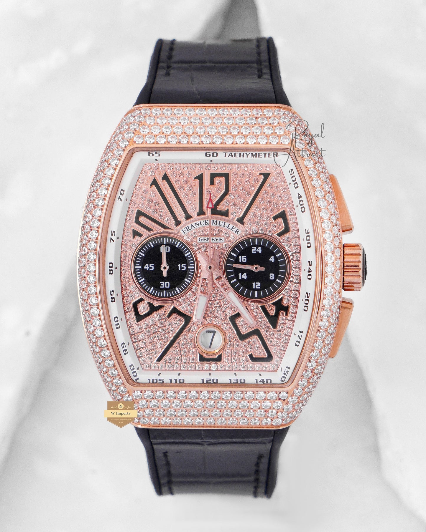 Latest Collection Chronogrpah Rose Gold Stone Case & Dial With Black Leather Strap