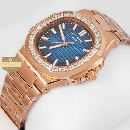 LATEST COLLECTION ROSE GOLD WITH BLUE DIAL STONE BEZEL AUTOMATIC WATCH
