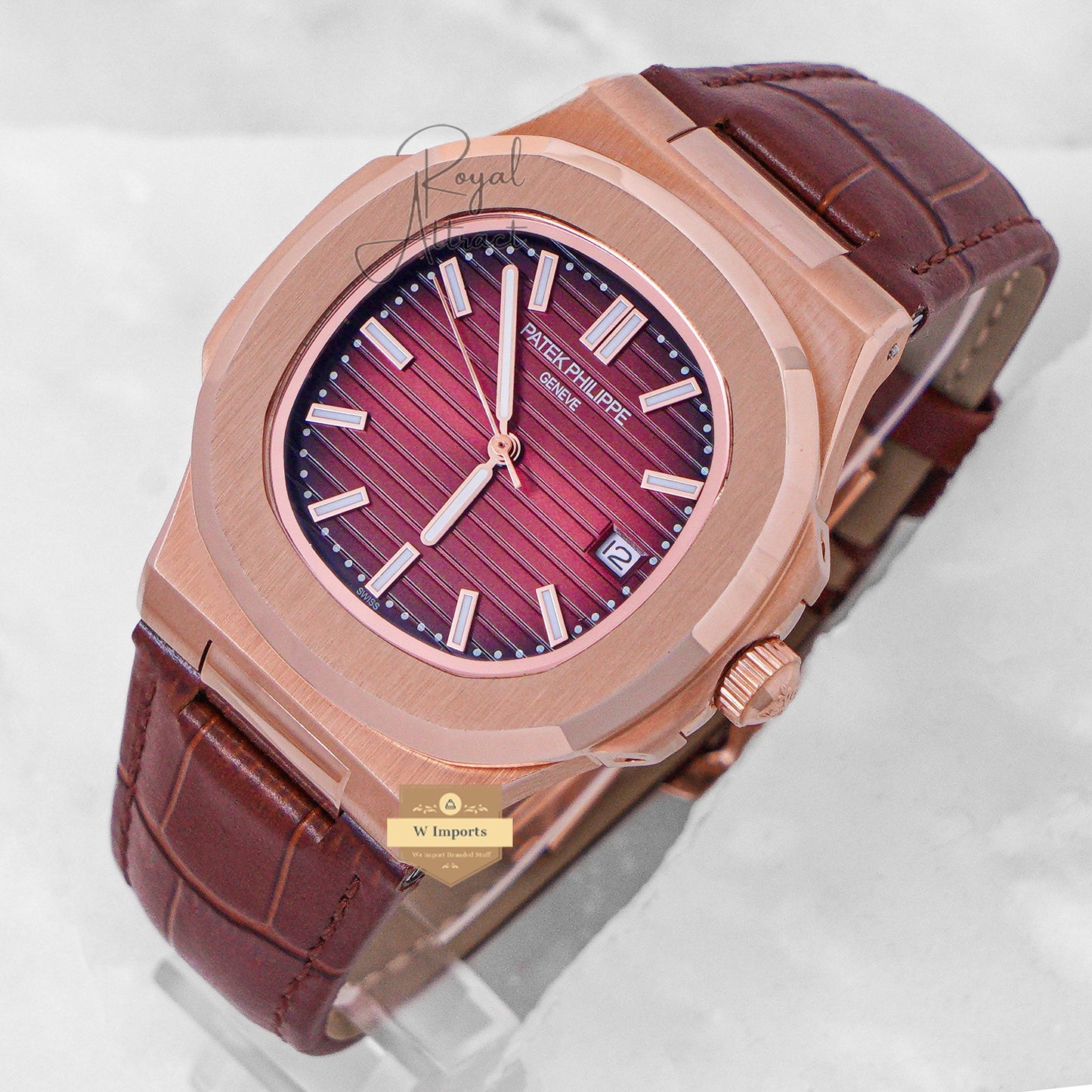 Latest Collection Rose Gold & Silver Case With Maroon Dial & Leather Strap