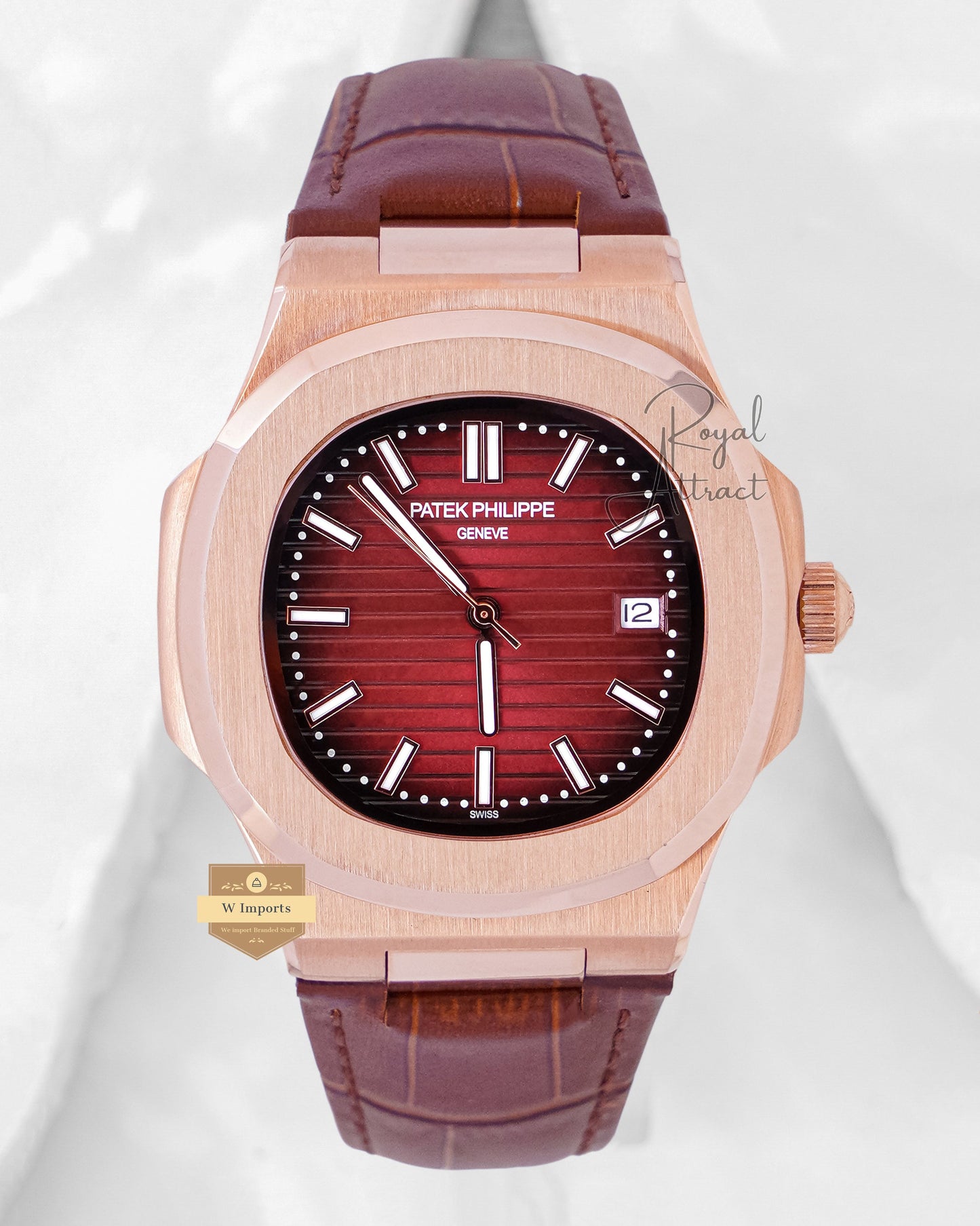 Latest Collection Rose Gold & Silver Case With Maroon Dial & Leather Strap
