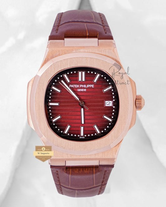 Latest Collection Rose Gold & Silver Case With Maroon Dial & Leather Strap