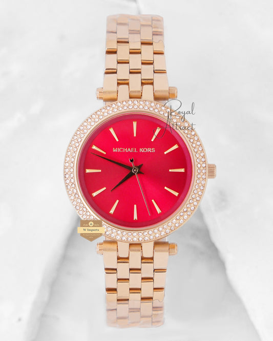 Latest Collection Yellow Gold With Red Dial & Stone Bezel Ladies Watch