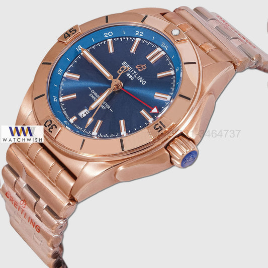 LATEST COLLECTION GMT ROSE GOLD WITH BLUE DIAL AUTOMATIC CHAIN WATCH