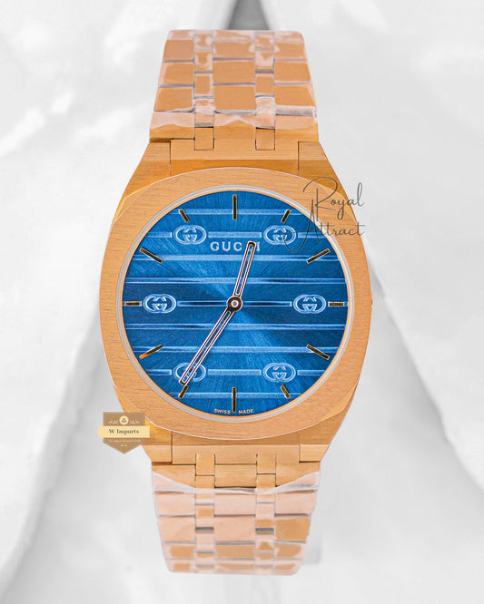 Latest Collection Yellow Gold With Blue Dial Chain Watch