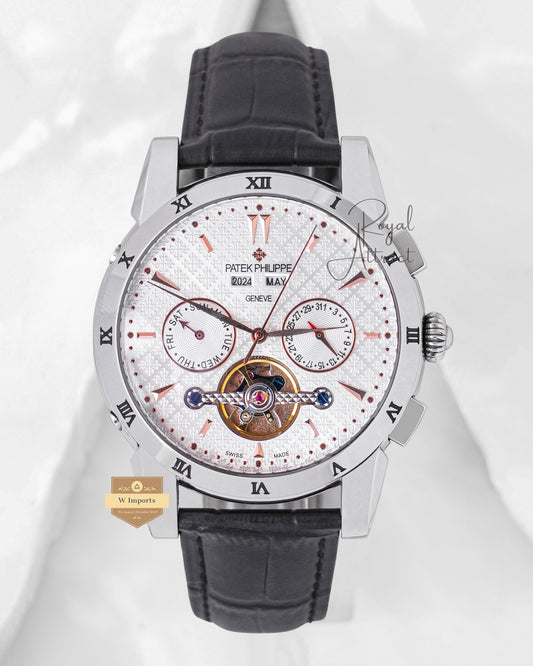 Latest Collection Chronograph Silver Case With White Dial & Leather Strap For Men