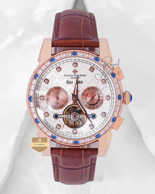 Latest Collection Chronograph Rose Gold Stone Case With White Dial & Leather Strap For Men