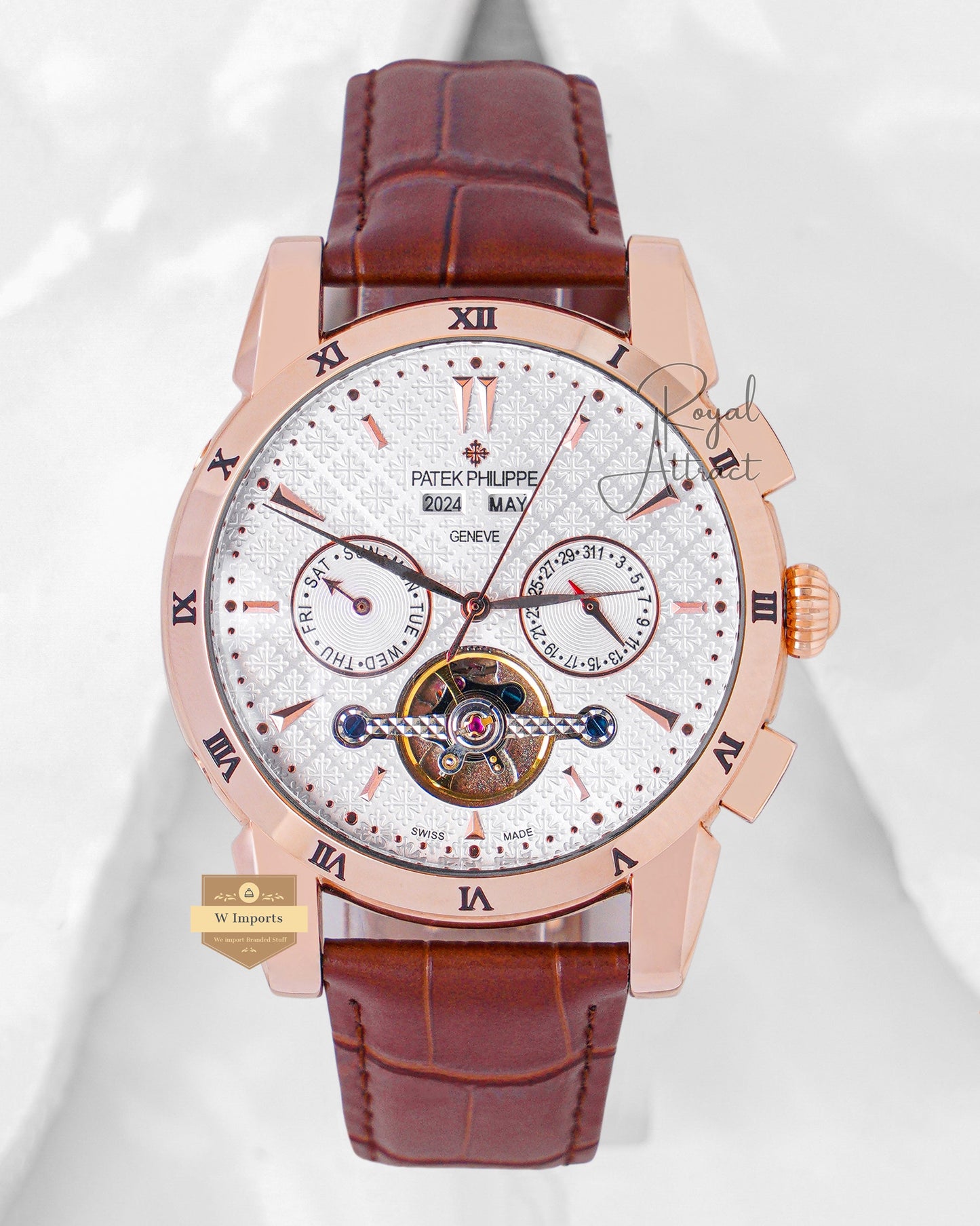 Latest Collection Chronograph Rose Gold Case With White Dial & Leather Strap For Men