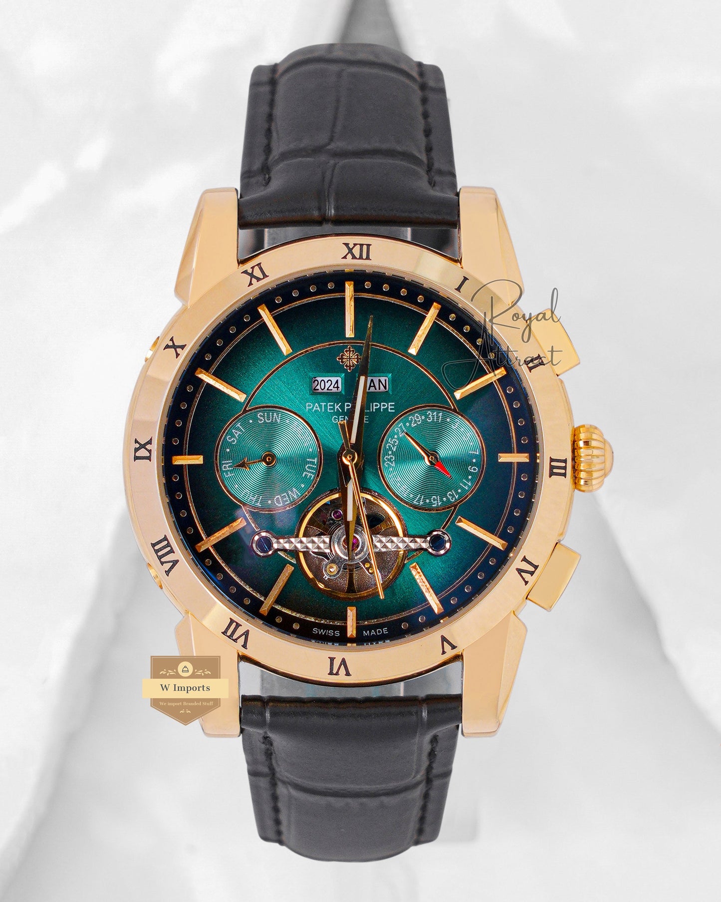 Latest Collection Chronograph Yellow Gold Case With Green Dial & Leather Strap For Men