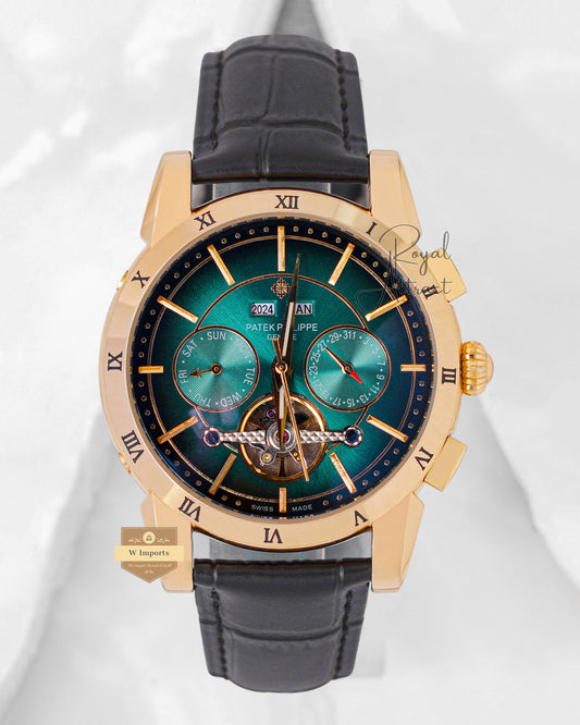 Latest Collection Chronograph Yellow Gold Case With Green Dial & Leather Strap For Men