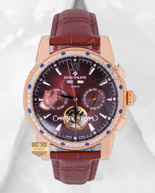 Latest Collection Chronograph Rose Gold Stone Case With Brown Dial & Leather Strap For Men