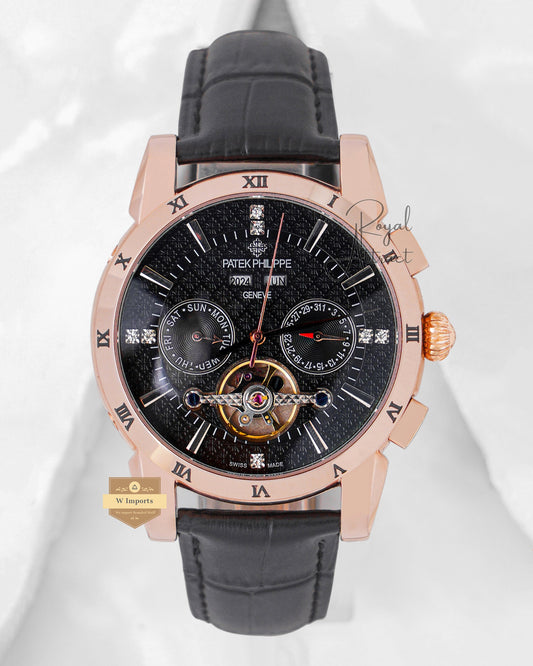 Latest Collection Chronograph Rose Gold Case With Black Dial & Leather Strap For Men