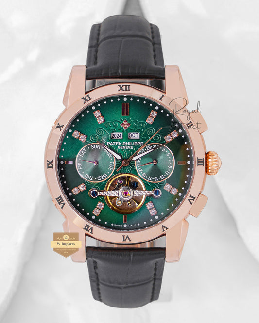Latest Collection Chronograph Rose Gold Case With Green Dial & Leather Strap For Men